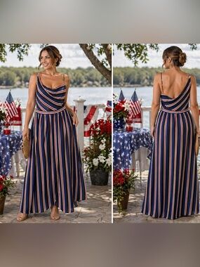 Navy Striped Cowl-Neck Spaghetti-Strap Maxi Dress